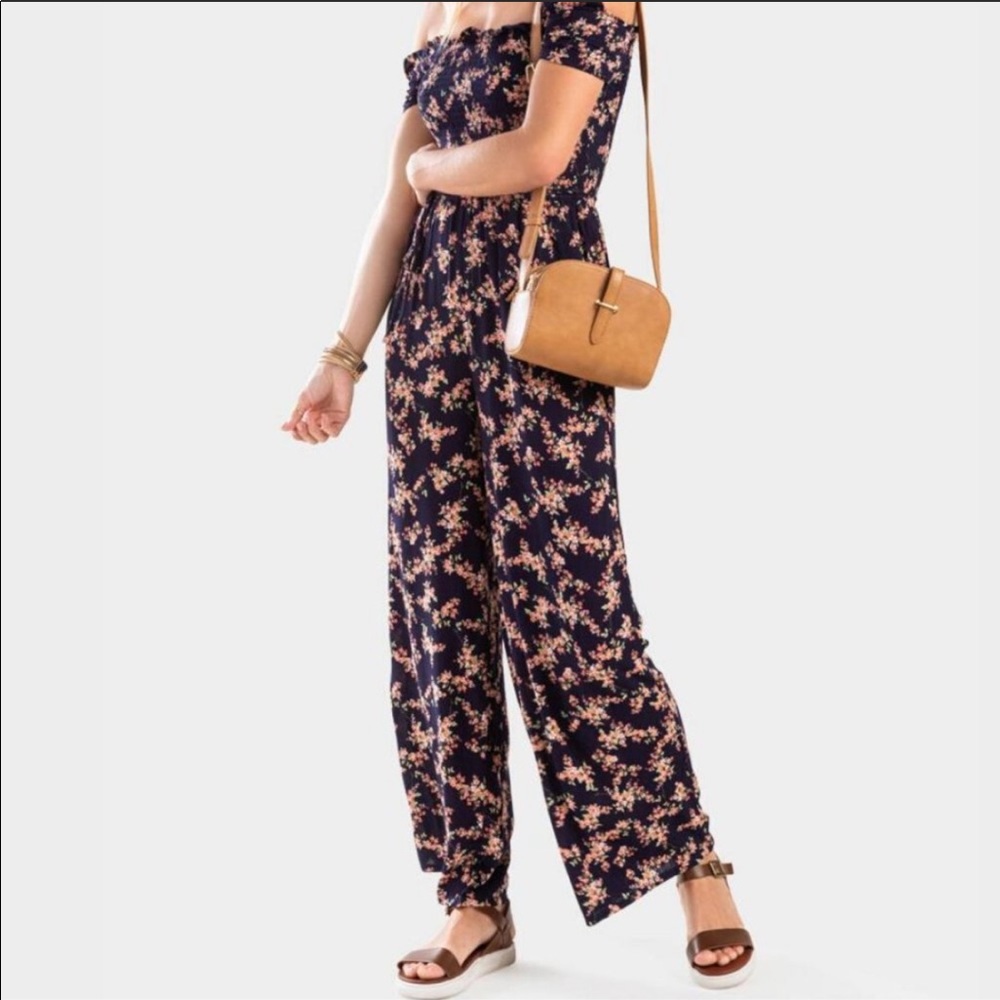 NWT Francesca's Navy Floral Smocked Top Jumpsuit